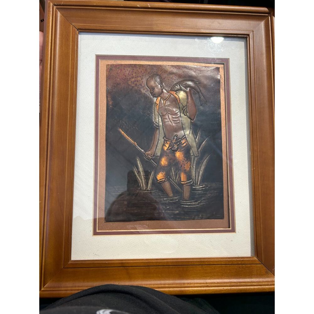 Vintage Signed Hammered Copper Repousse African Fisherman Wall Art Framed
